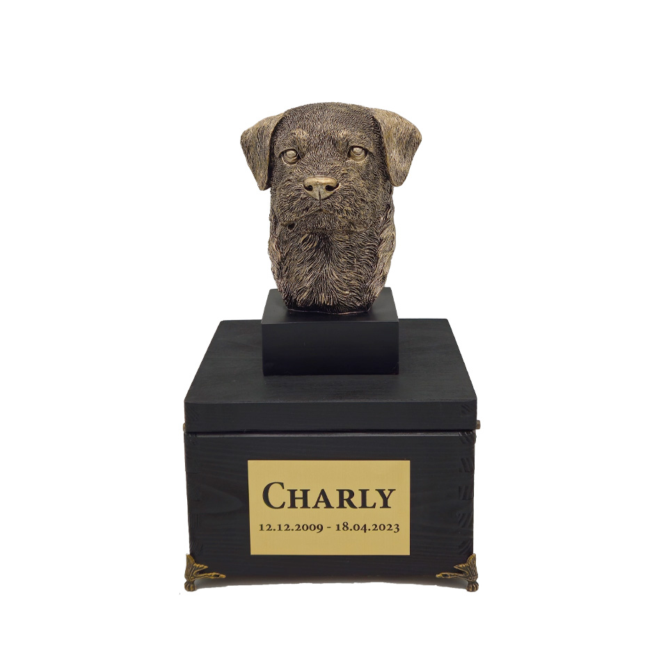 Hund Urne Border Terrier mit Statue und Gravur 05